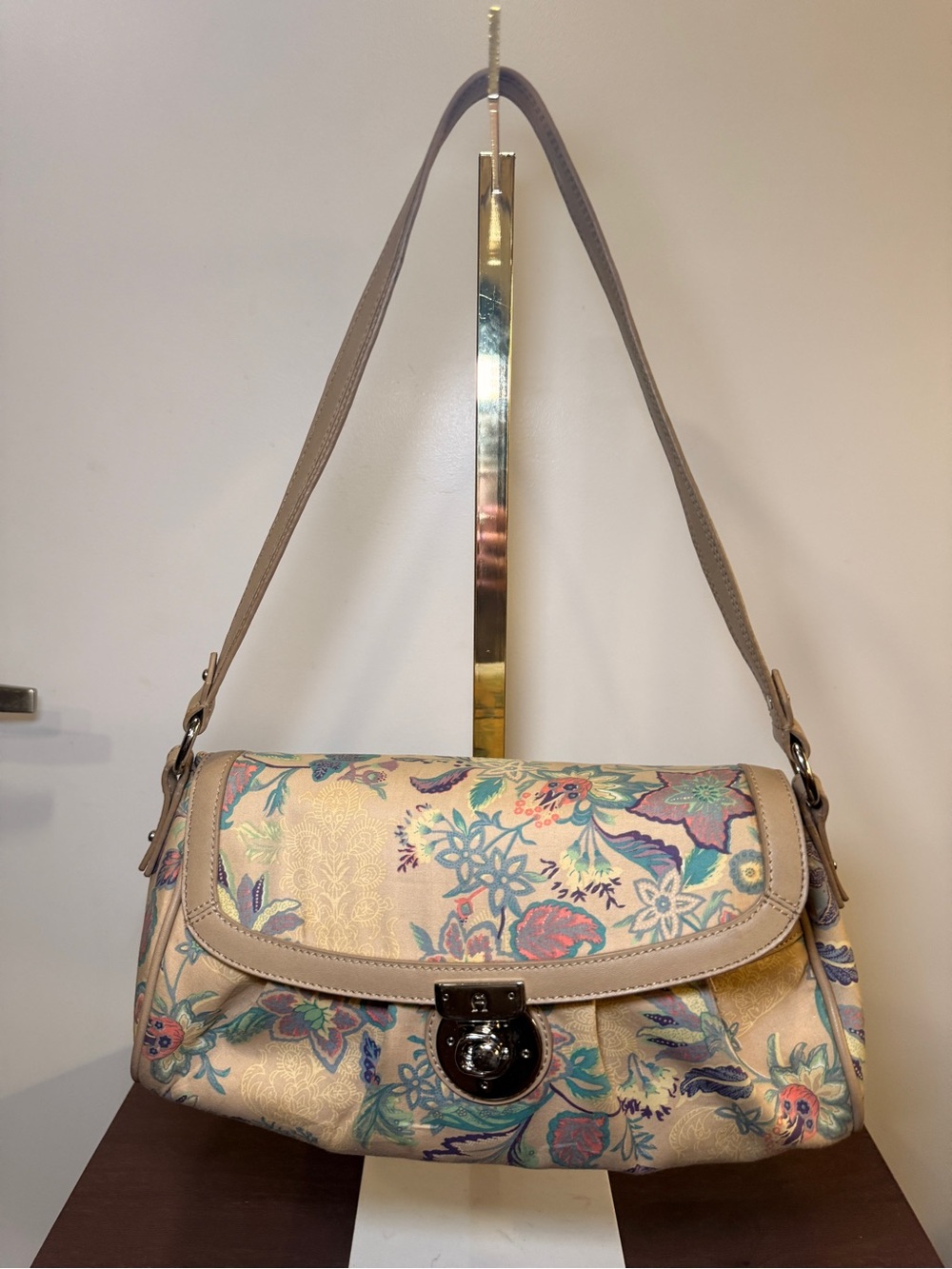 Etienne Aigner Beige Floral Jacquard Shoulder Bag with Multicolor Accents